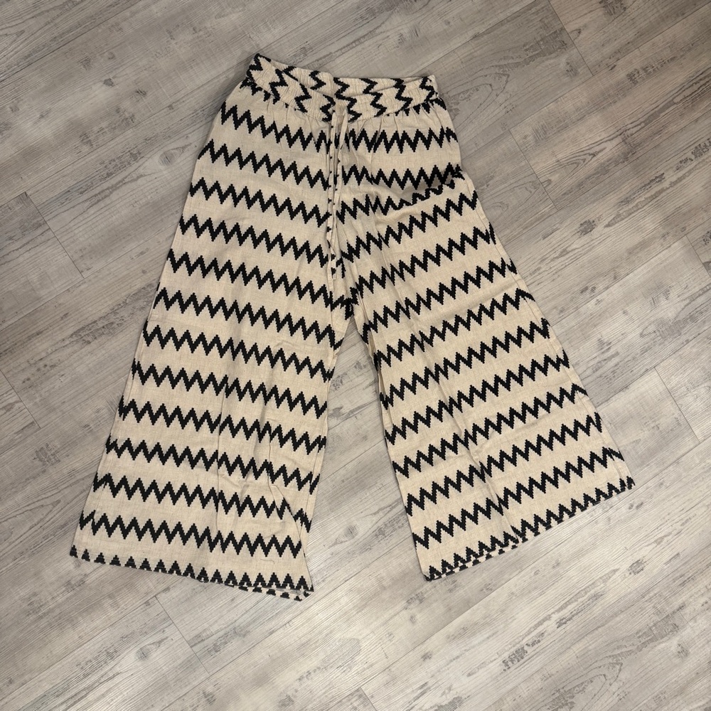 Black and Cream Zigzag Wide-Leg Linen Pants